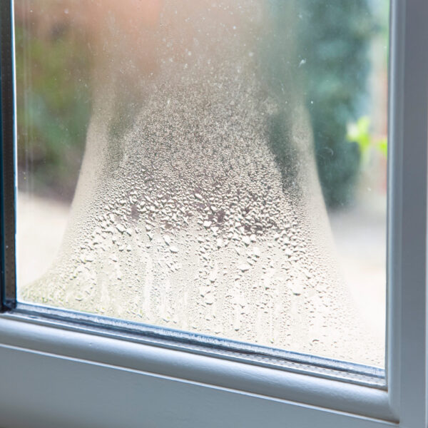 Blown double glazed unit, failed window glazing Close up of blown double glazed unit. Failed window glazing with condensation inside, UK